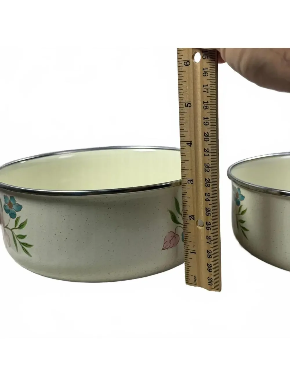1980s Metal Enamelware Nesting Bowls Pair Floral Design Cottage Core Kitchen
